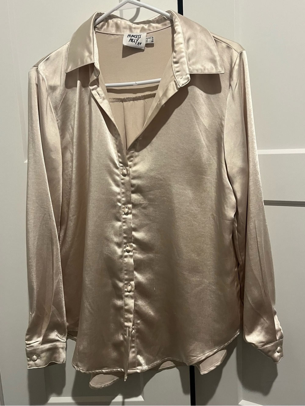 Princess Polly Satin Button-Down Shirt in Champagne size 6